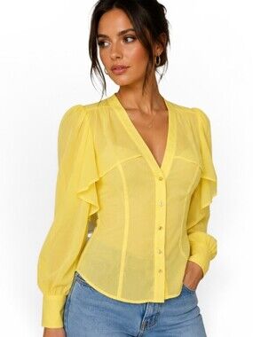 Bebe Yellow Silk Blend Sheer Puff Sleeve Blouse Top Small